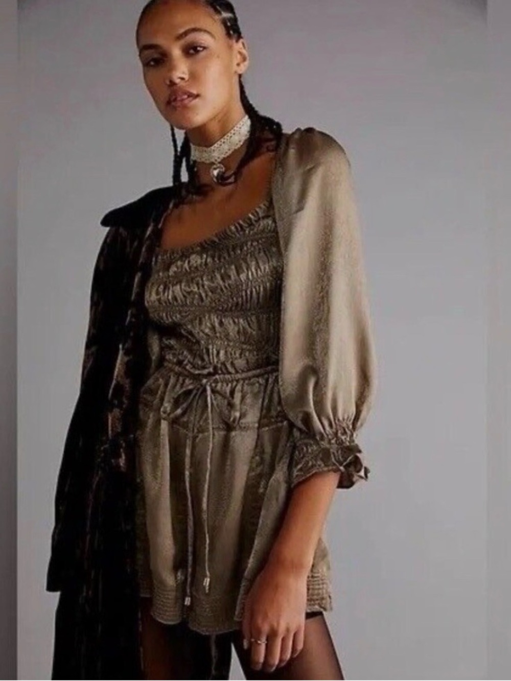Free People Metallic Taupe Satin Smocked Romper 3/4 Sleeve L